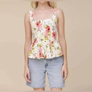 Avec Les Filles Peplum Hem Corset Square Neck Top in Ecru Wild Flower - Size M